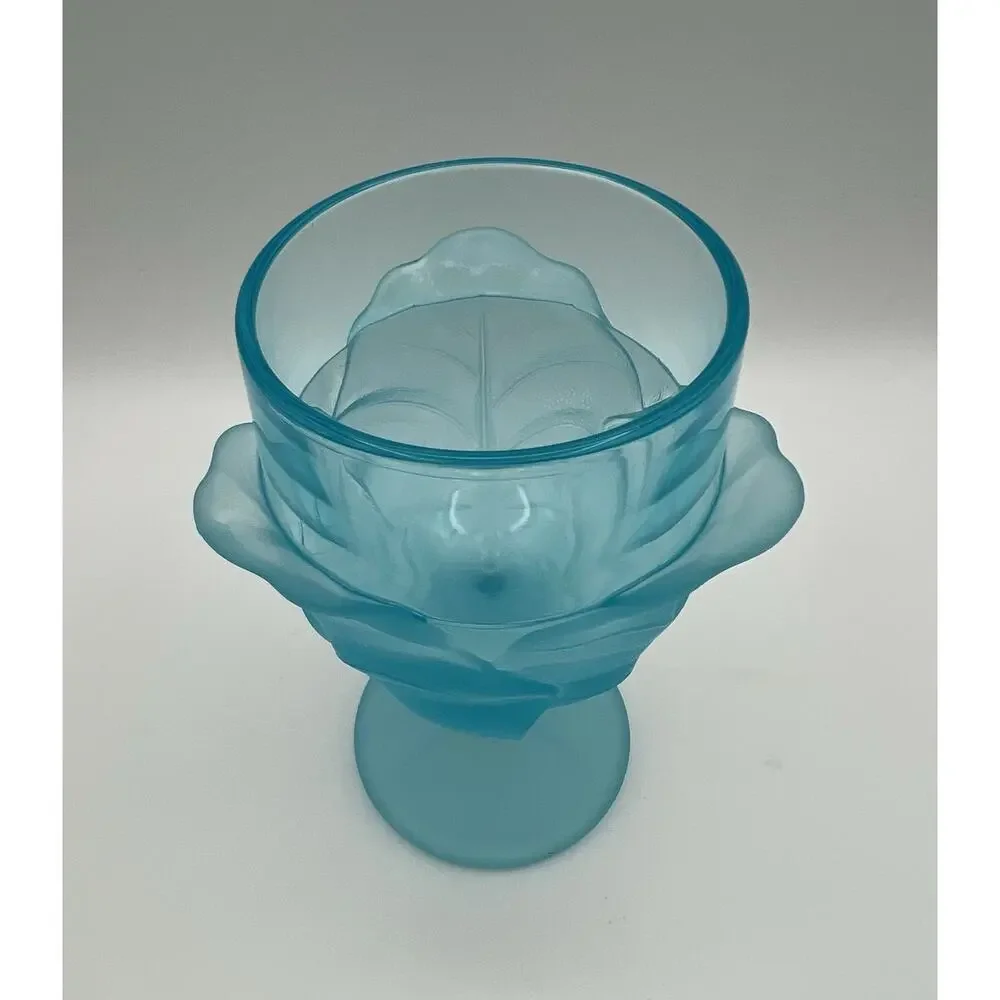 LG Wright Blue Satin Glass Cabbage Leaf Water Goblet Wine Glass 6.25” Vintage